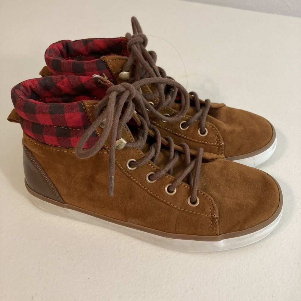 Gap Boys Size 1 Faux Suede High Tops With Plaid Top NOT WIDE